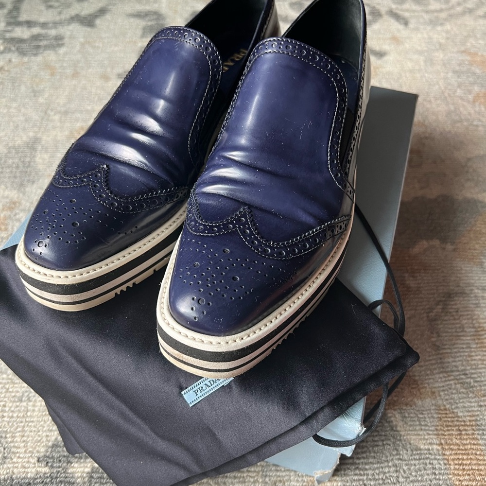 Prada Deep Blue Leather Slip-Ons